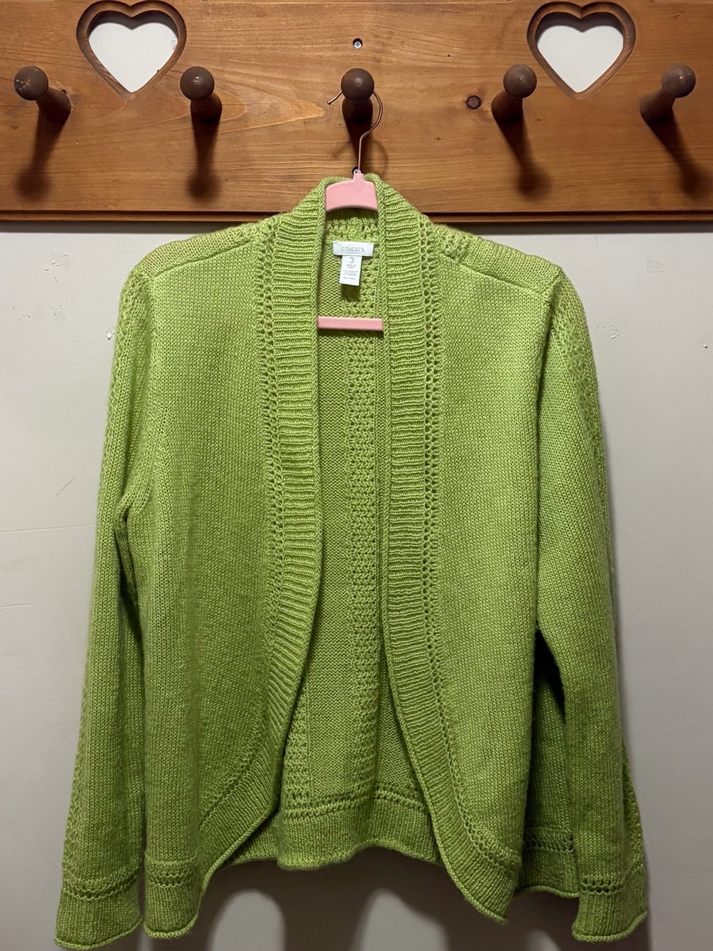 Chico’s Size 3 (XL / 16–18) Green Wool Mohair Blend Open Front Cardigan Sweater